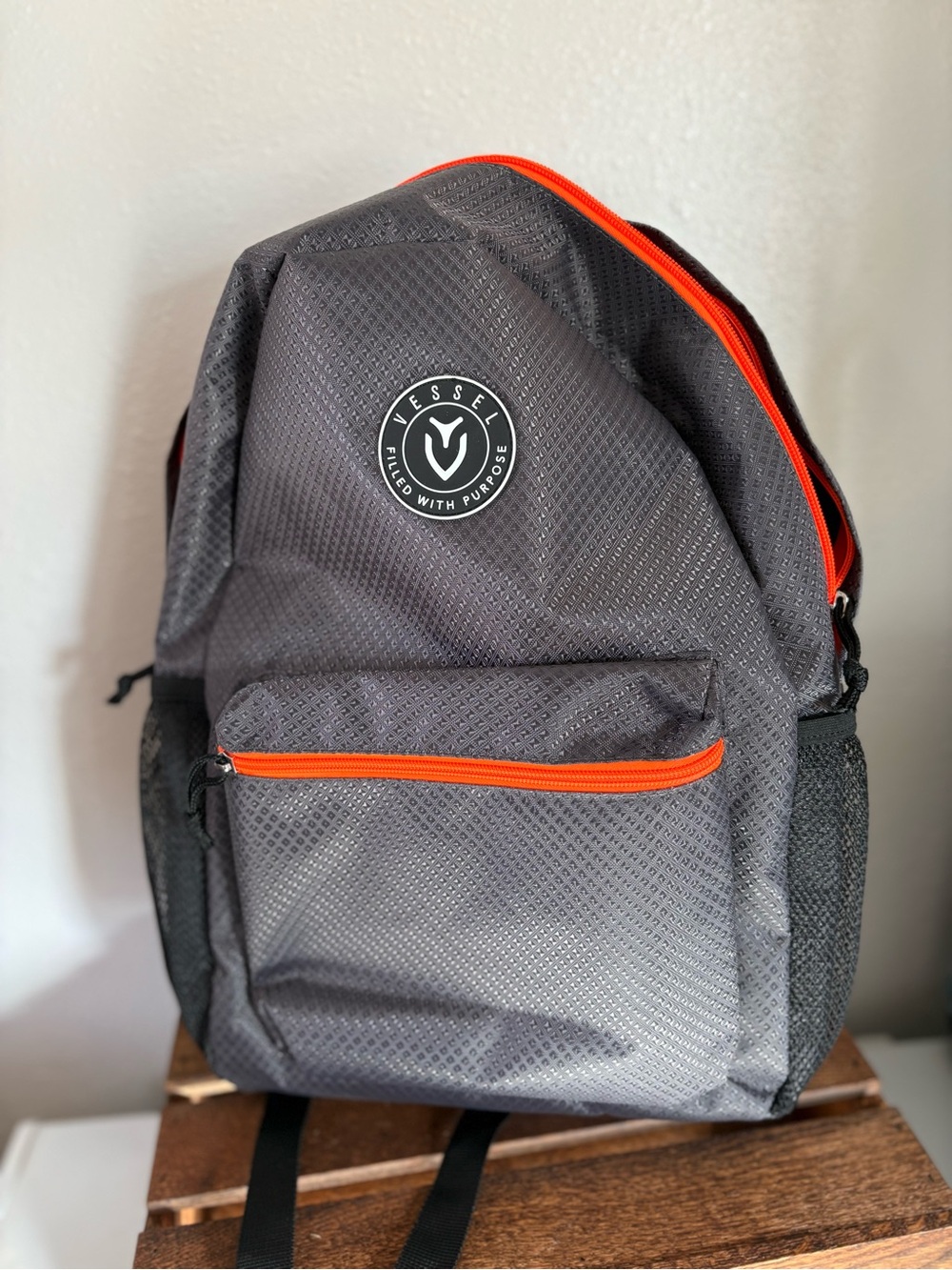 VESSEL Filled With Purpose Backpack Gray Orange Laptop School Travel Bag